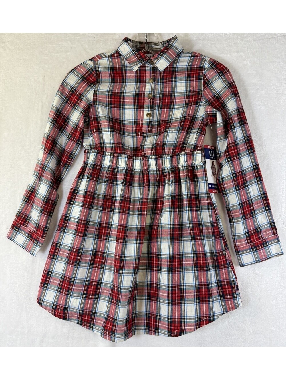 Gap Kids Dress Girls 7/8 Medium Red Plaid Flannel Fit Flare Long Sleeve New
